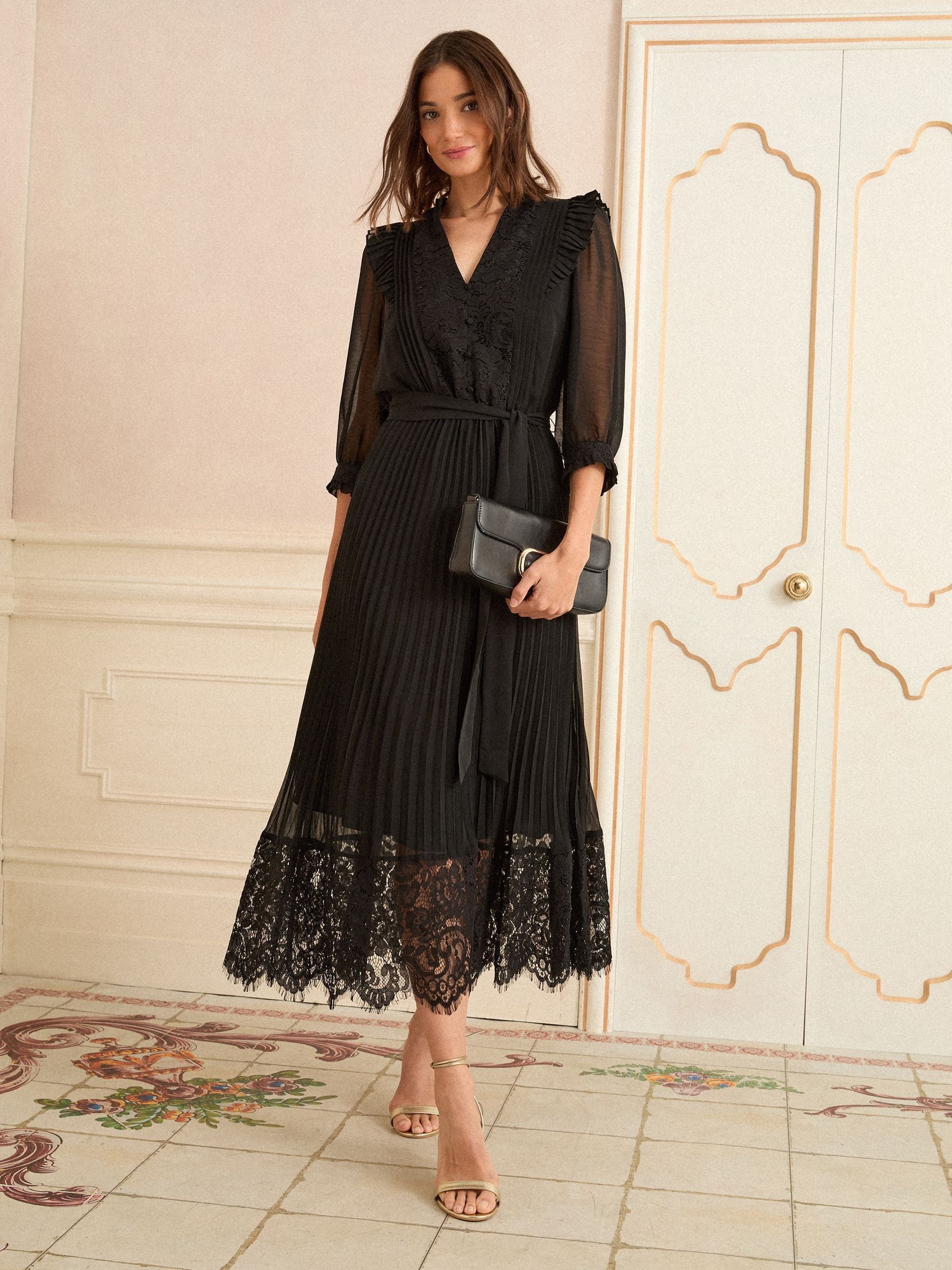 Zwart - Love & Roses - Geplooide midi-jurk met kant en 3/4 -mouwen