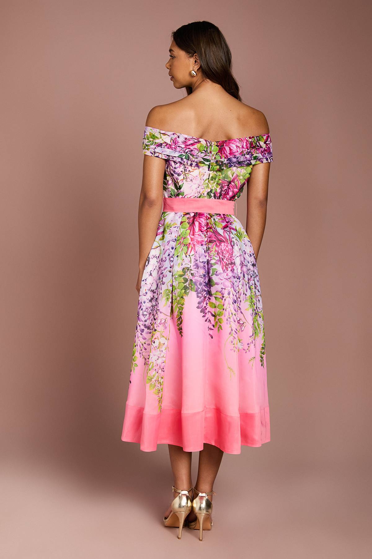 Coast Robe Midi Plissée à Imprimé Floral Style Bardot