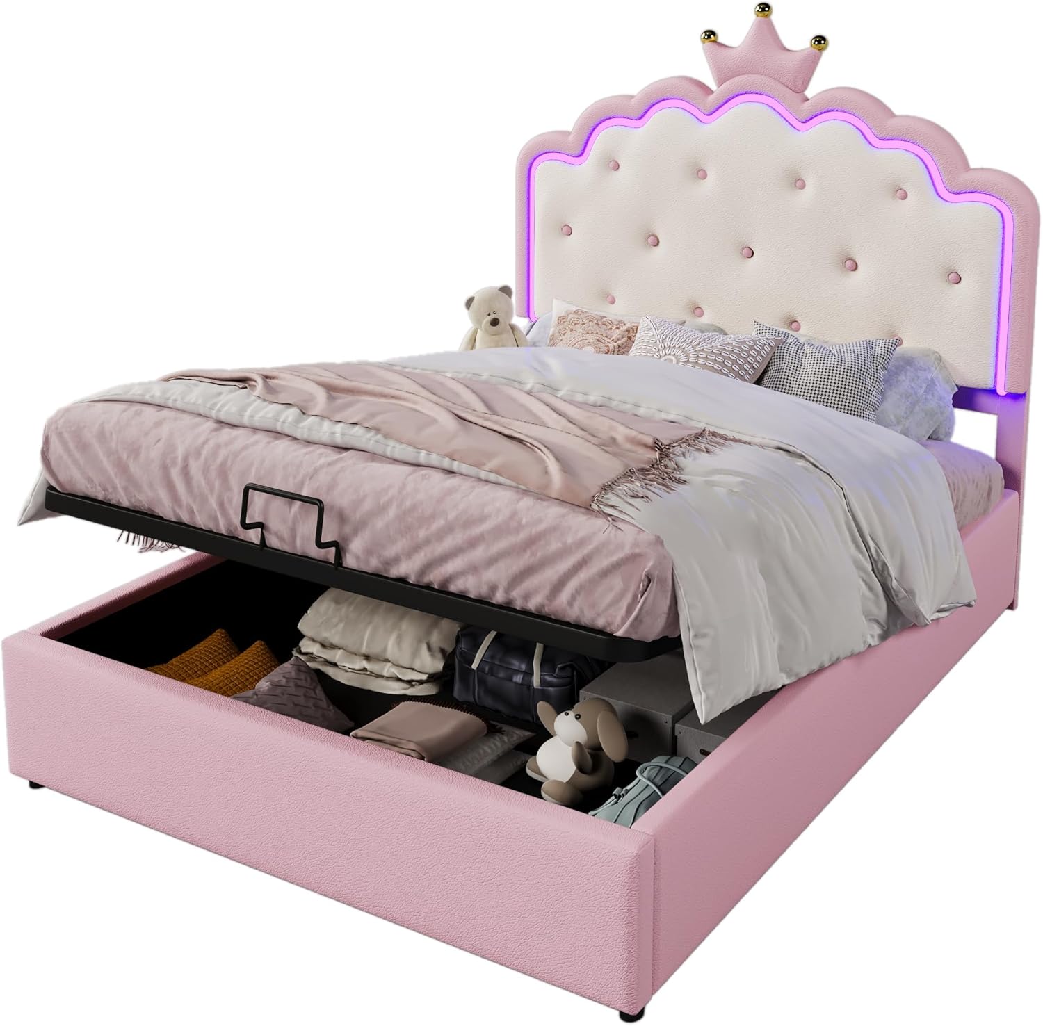 Merax Kinderbett 140x200, Polsterbett für Mädchen Kronen-Doppelbett mit 16 Farben LED-Streifen, Hydraulischer Stauraum, aus PU-Leder Bettrahmen mit Lattenrost(ohne Matratze), Rosa