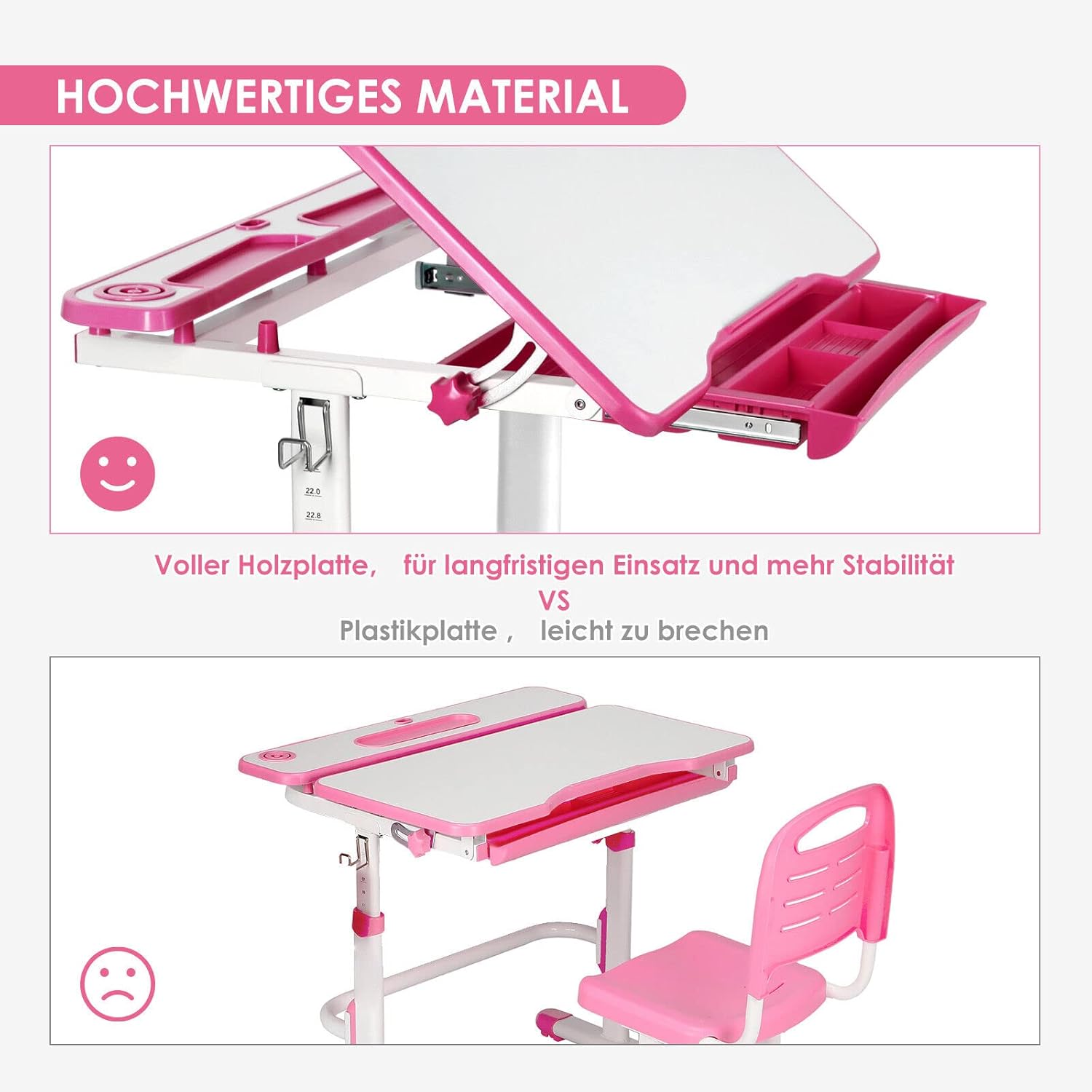JOYLDIAS Kinderschreibtisch höhenverstellbar, Schülerschreibtisch Jugendschreibtisch mit Lampe, Schreibtisch Kinder mit Stuhl und Schublade inkl. kostenloser Kleineimer/Rosa