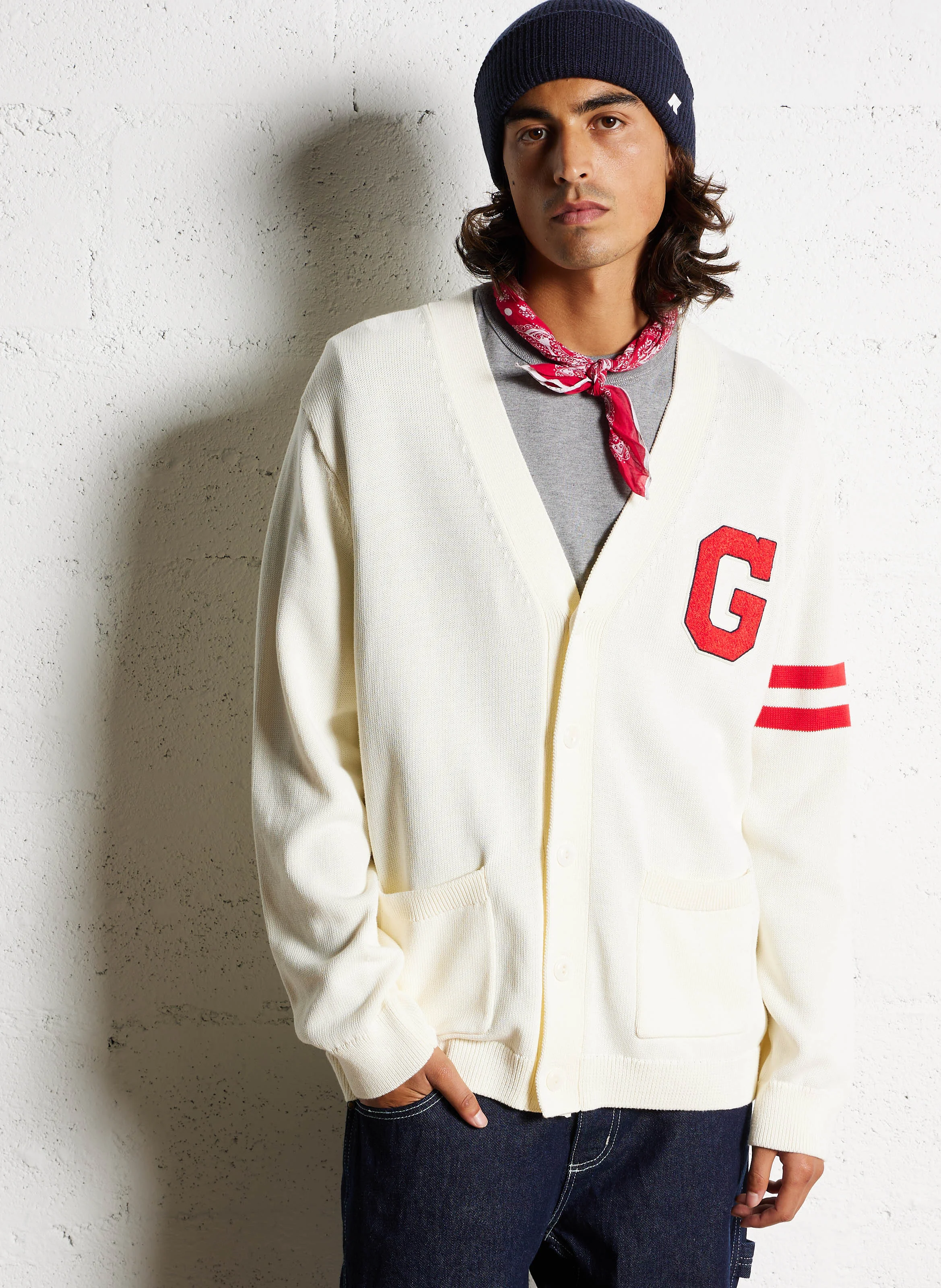 Cardigan col V brodé en coton | Blanc