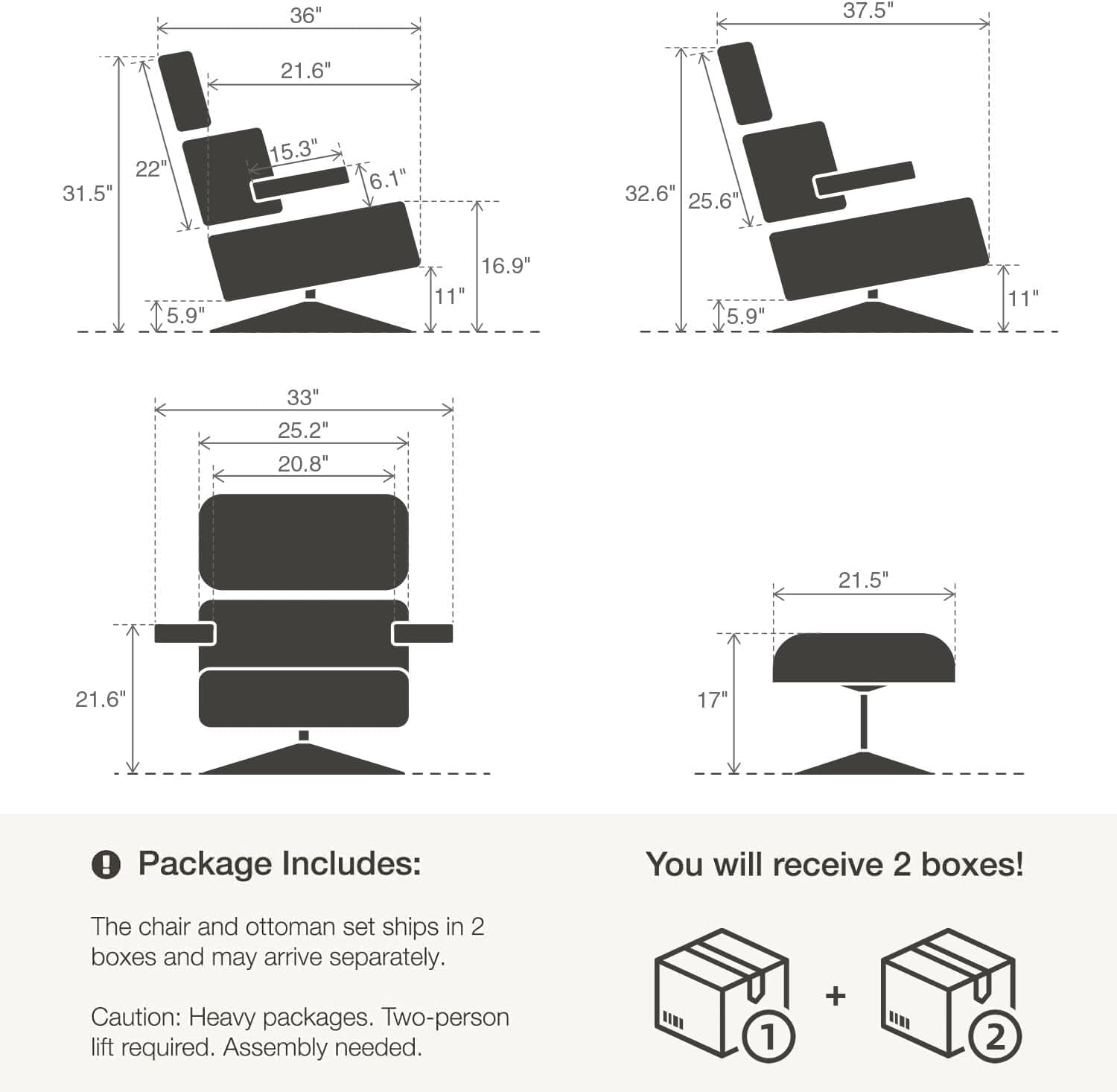 Echtleder Relaxsessel mit Hocker, Moderner Drehbarer Fernsehsessel, Chaiselongue mit Ottomane, Fester Neigungswinkel von 105°, Massiver Holzrahmen mit Gepolstertem Kissen, (Verbesserte)