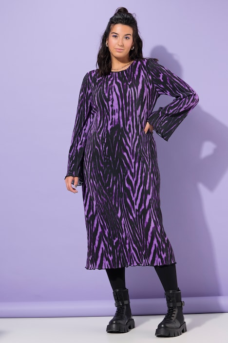 Plissee-Midikleid, Slim Shape, Alloverprint, Langarm