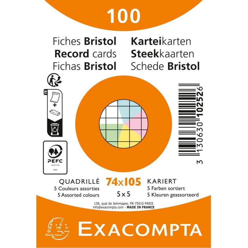 Paquet de 100 fiches sous film - Bristol quadrillé 5x5 non perforé 74x105mm - Couleurs assorties
