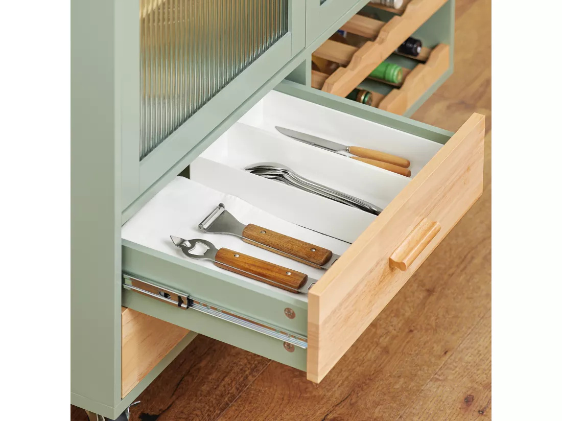 SoBuy Desserte de Cuisine sur Roulettes, Îlot Central de Cuisine, Chariot de Cuisine, Buffet avec Plateau en Bois d'Hévéa, 2 Portes, 2 Tiroirs et Porte-Bouteilles à 2 Niveaux, Beige, 109 x 38 x 92 cm, FKW114-GR
