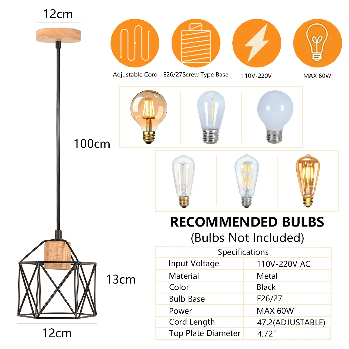 Stoex 2X Suspension Luminaire Rétro Plafonnier Cage En Métal Suspension Intérieure Moderne Pour Chambre Bar Salon Cuisine, Noir, E27