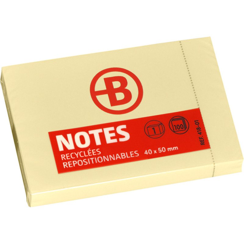 Notes repositionnables jaunes recyclées Bruneau - bloc de 100 feuilles