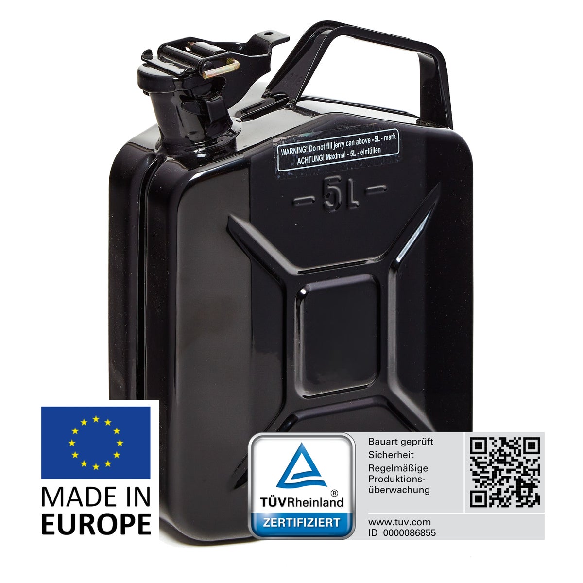 BW Metalen Brandstofbus, Benzinebus, 5 Liter - Zwart - RAL 9005 - TÜV-getest en UN-goedgekeurd - Gemaakt in Europa