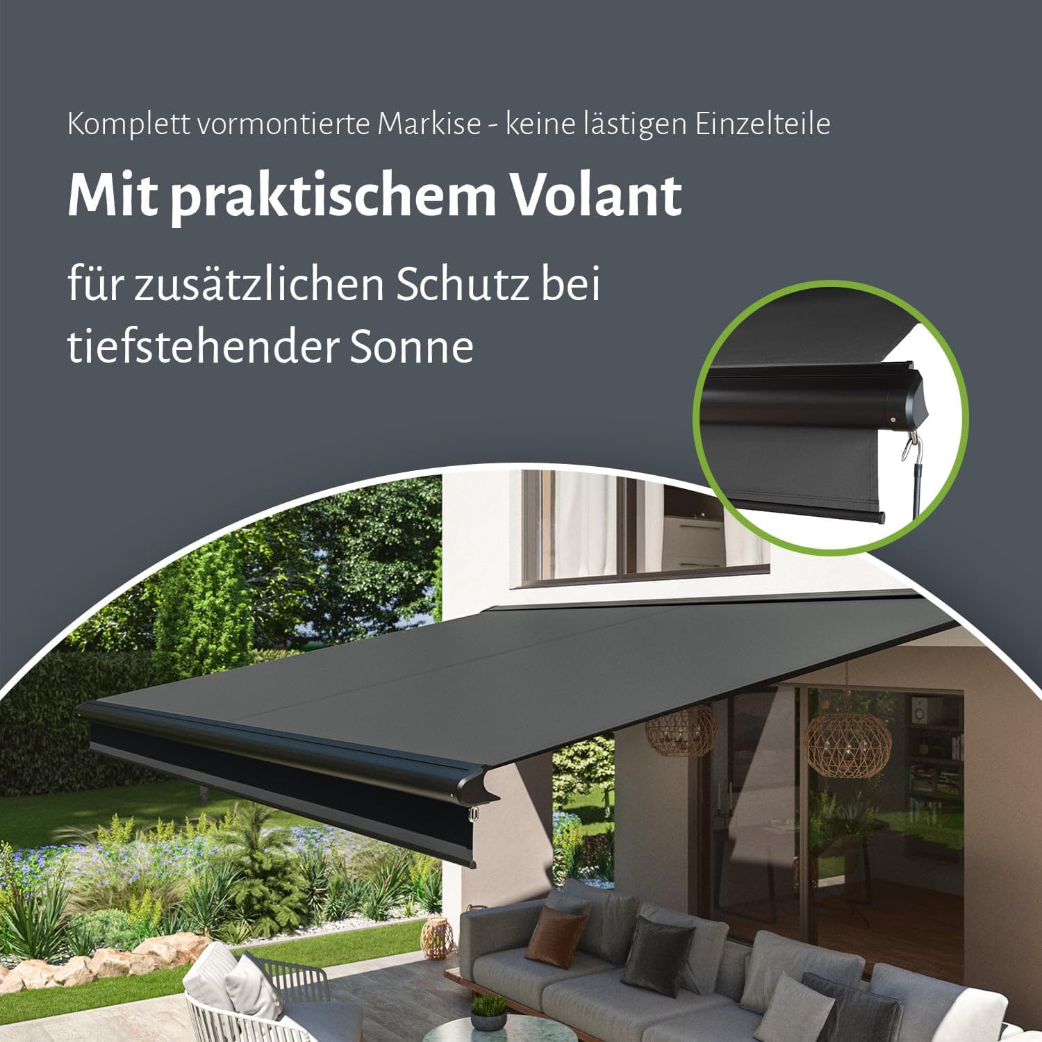 empasa Elektrische Vollkassettenmarkise 'Premium' Kassettenmarkise Gelenkarmmarkise Markise Sonnenschutz mit manuell ausfahrbarem Volant, komplett vormontiert, viele Farben und Größen wählbar