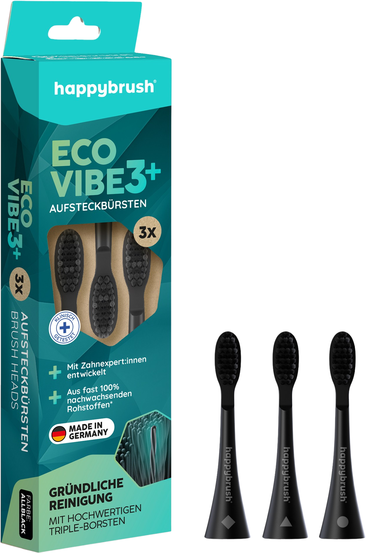 happybrush  Eco VIBE 3+ Aufsteckbürsten AllBlack, 3 Stk