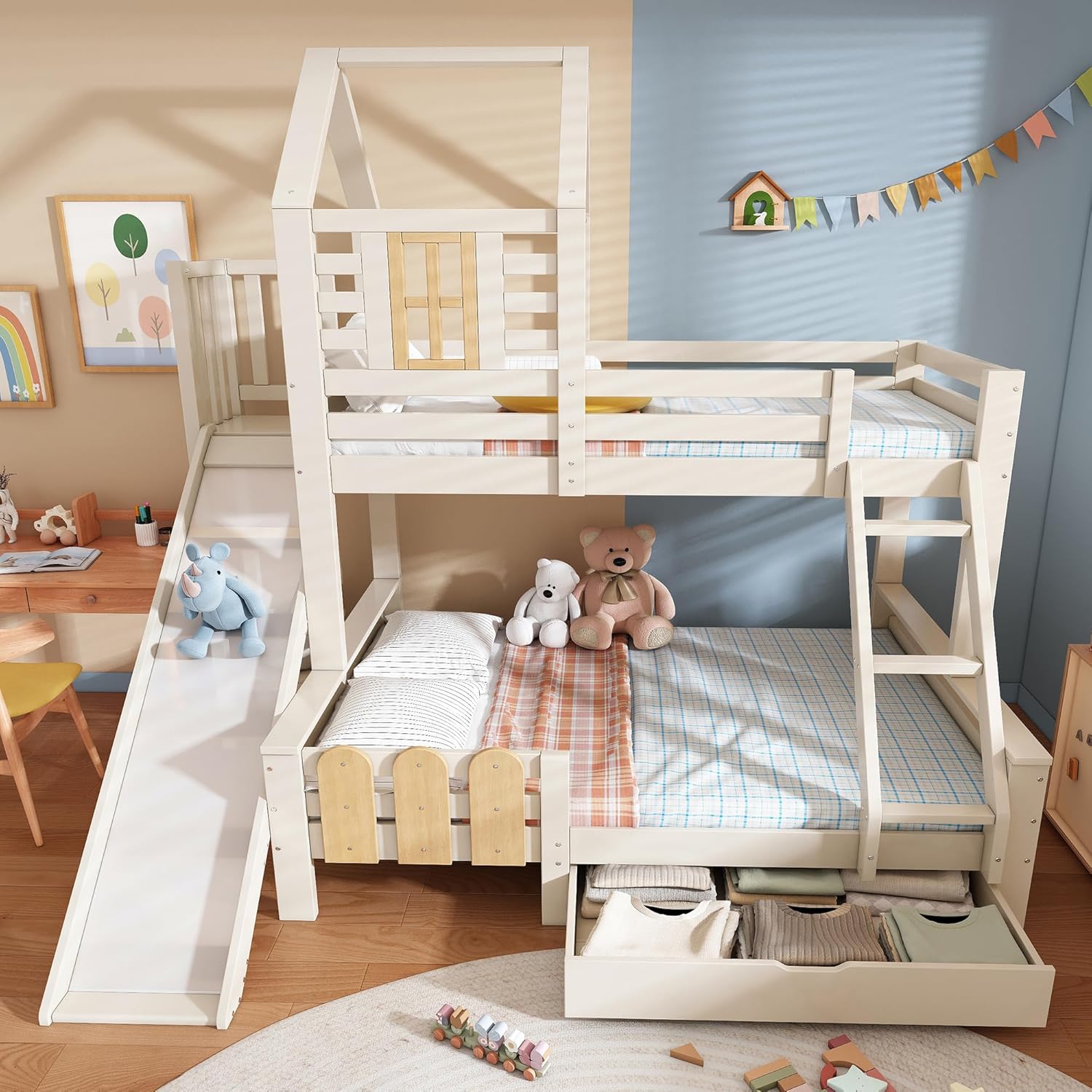Etagenbett 2 Kinder Bett 90x200 & 140x200 cm, Kinderbett Hochbett mit Leiter und Rutsche, Hausbett mit Stauraum, Dach und Fenster, Holzbett Kinderbett mit Rausfallschutz, Ohne Matratze, Weiß