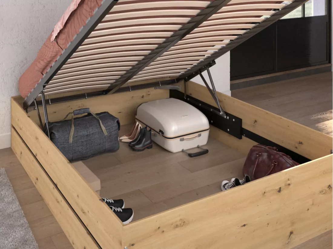 Lit coffre 140 x 190 cm - Coloris : Naturel et noir + Matelas - LUDARO