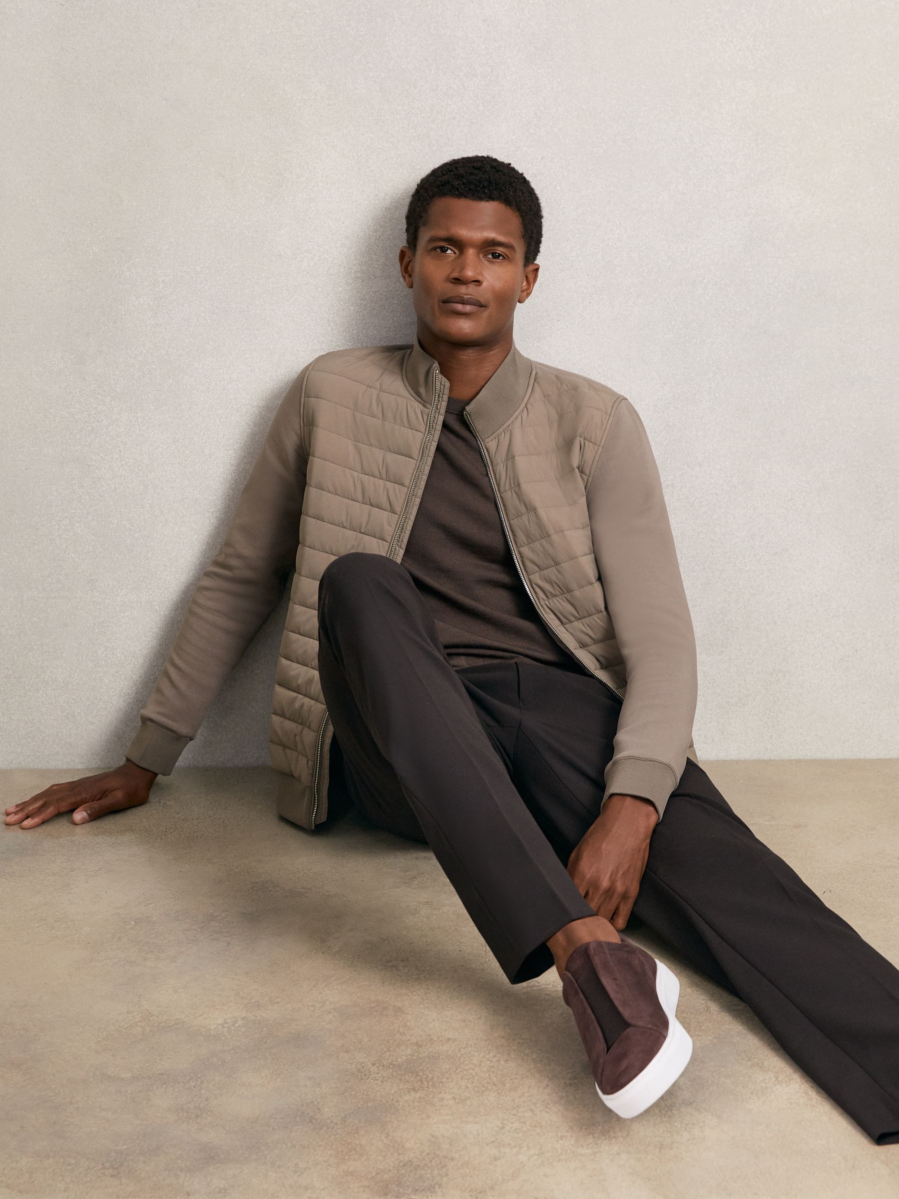 Taupe bruin - Reiss Freddie Hybrid gewatteerd en gebreid jack met rits