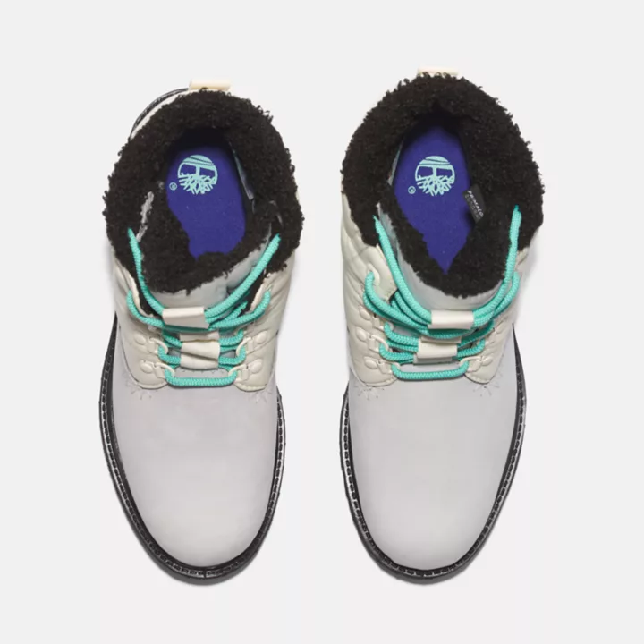 Bota Timberland Premium de 15 cm (6 polegadas) estilo puffer para mulheres, na cor cinza.