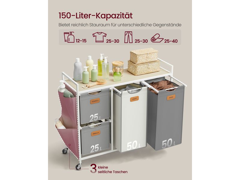 VASAGLE Wäschekorb  mit 4 Körben 150 l, Beige/Taubengrau/We Wäschesammler