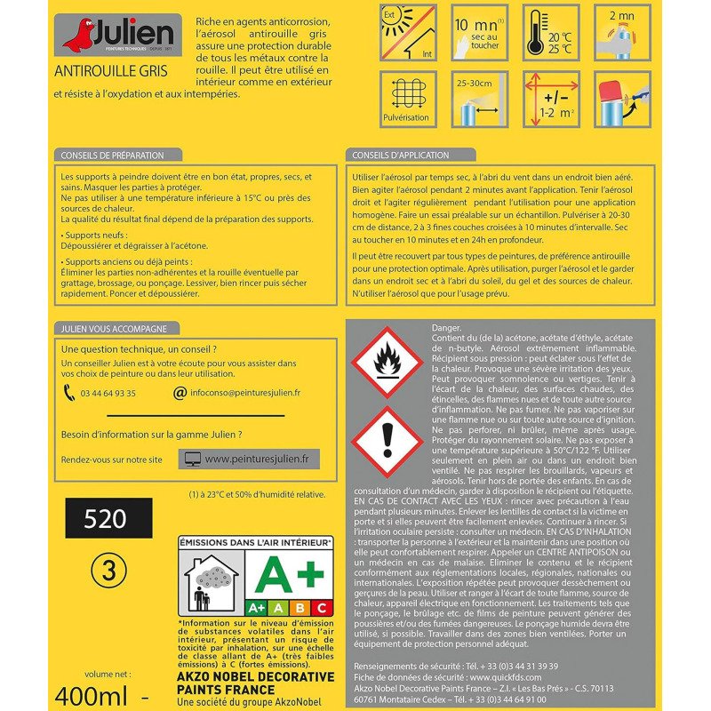 Antirouille Sous-couche tous métaux Julien N° 28,  gris - Aérosol de 400 ml