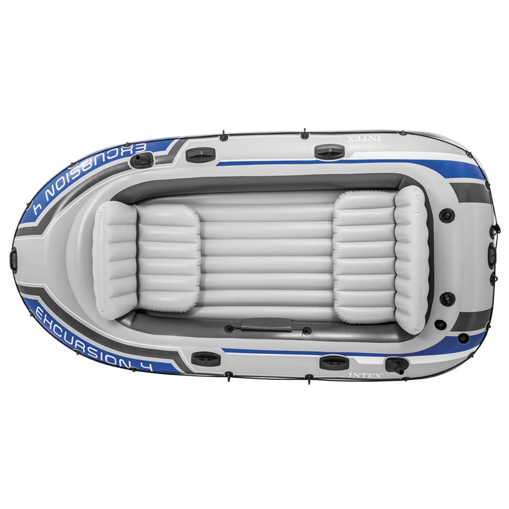 Conjunto de barco inflável Intex Excursion 4 com motor elétrico e suporte.