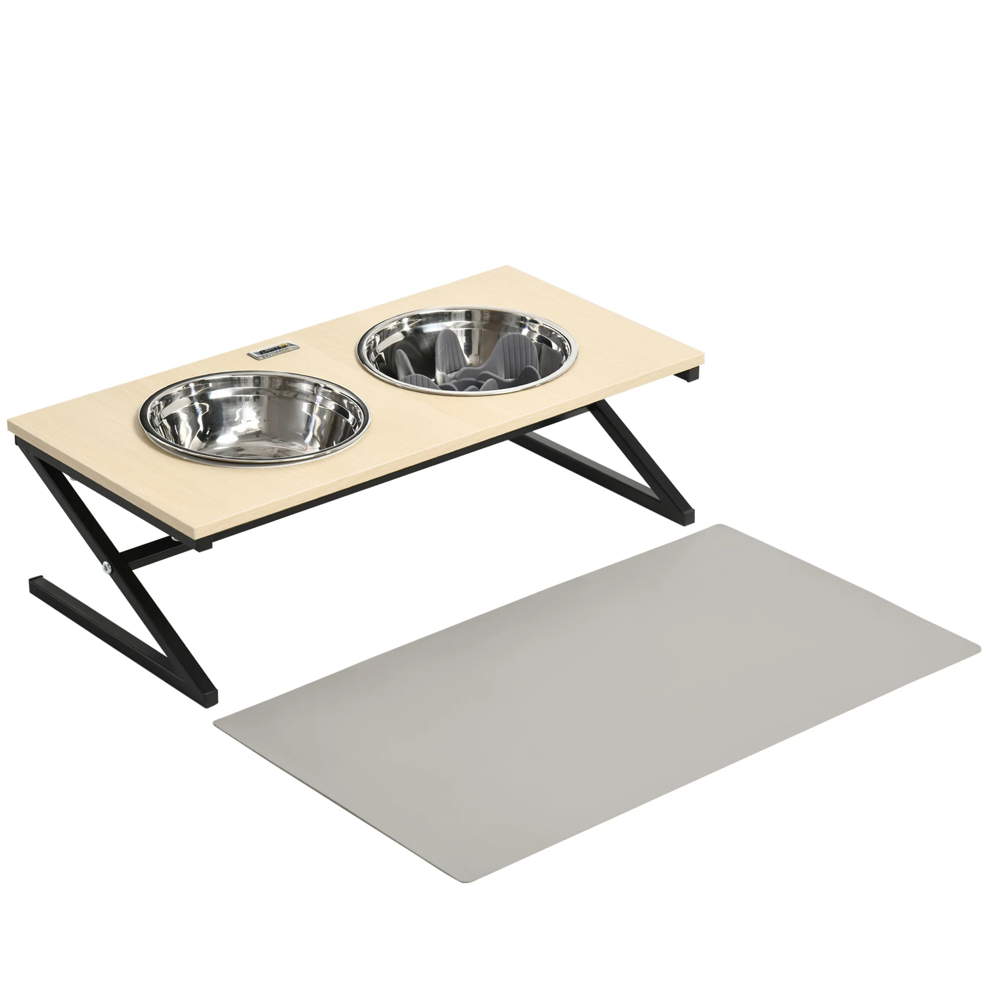 Comedouro elevado PawHut para cães com tapete e comedouro lento, inclui 2 tigelas de aço inoxidável, 1100 ml, para cães de porte médio, 60x30x18,5 cm, cor carvalho.