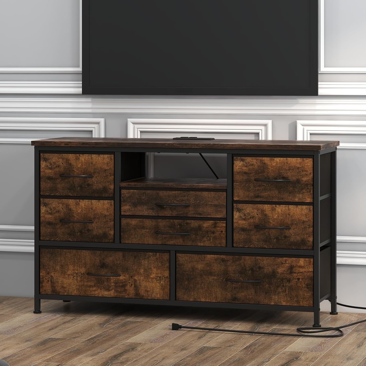 TV-Schrank mit Steckdosen, Kommode mit 8 Schubladen, 2 AC-Steckdosen & 2 USB-Anschlüssen, breiter Fernsehtisch für Wohnzimmer und Schlafzimmer（Tigerstreifen）