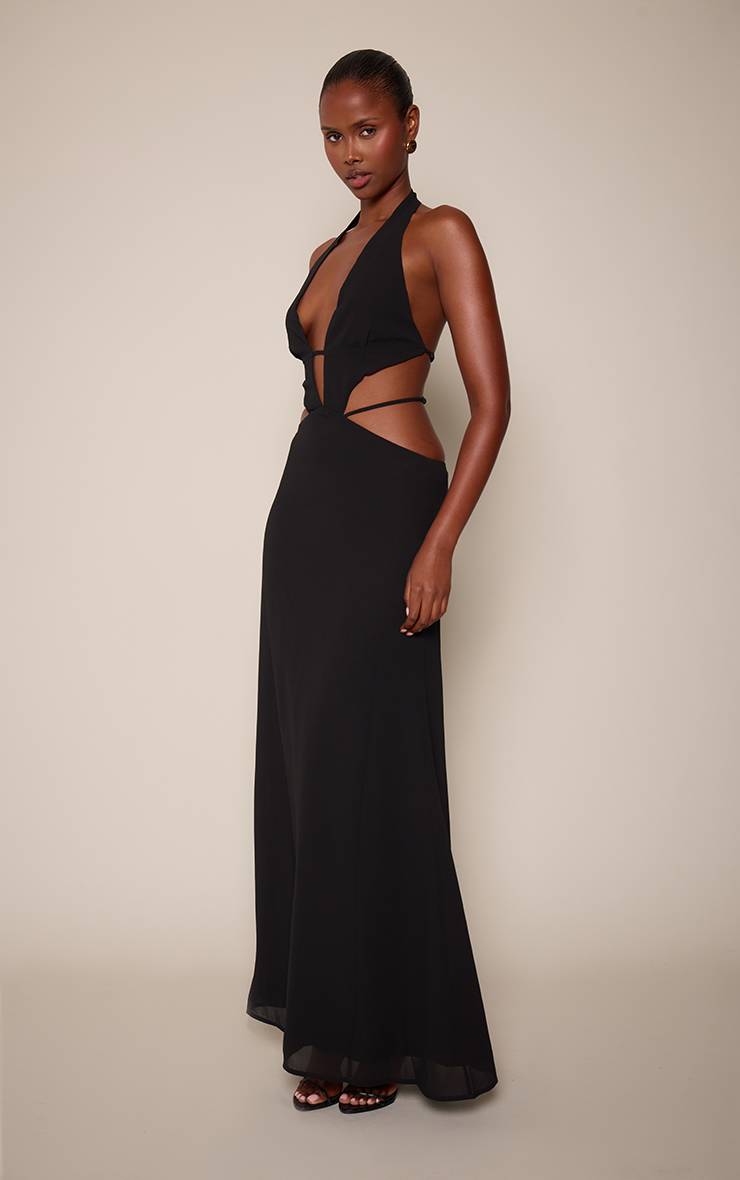 Noir Robe Longue En Mousseline À Décolleté Plongeant Et Découpes