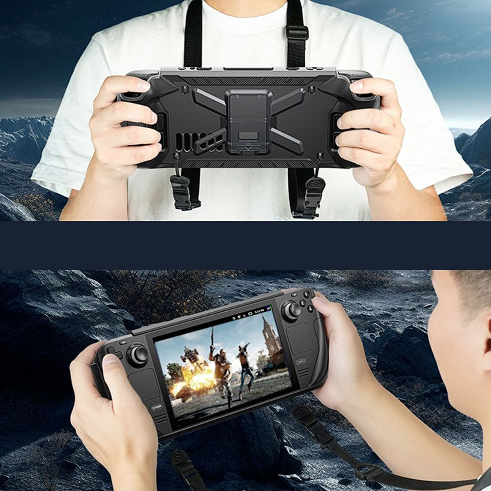 Steam Deck / OLED Silikon Case Schutzhülle Abdeckung mit Kickstand Halterung und Schultergurt - Schwarz