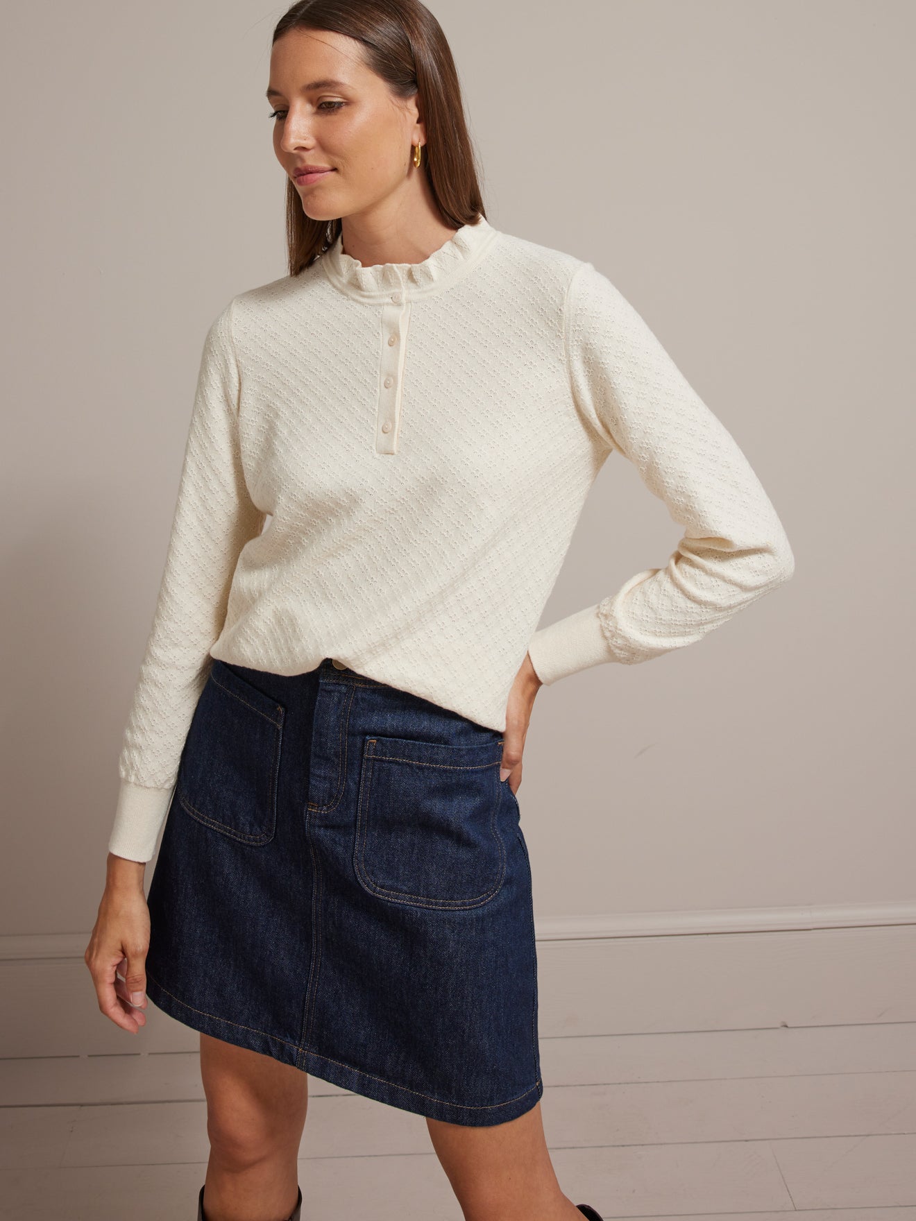 Pull polo col froufrou femme coton et cachemire