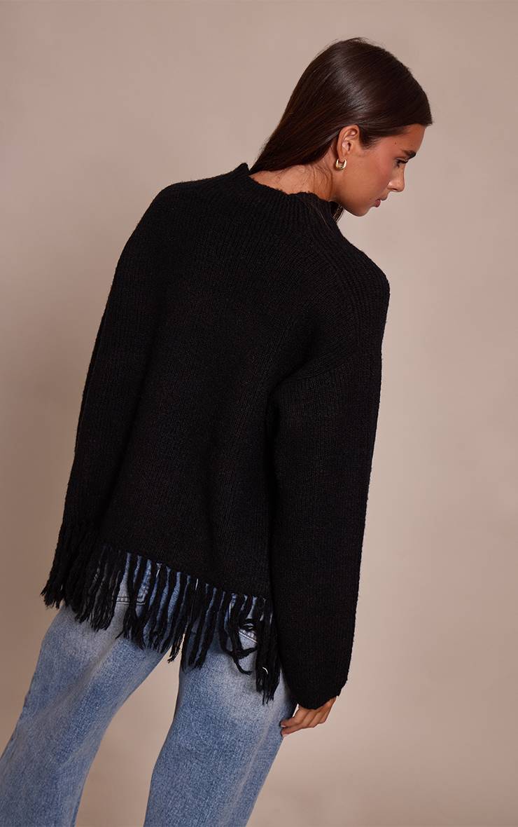 Noir Synthétiquell Oversize Col Rond À Franges