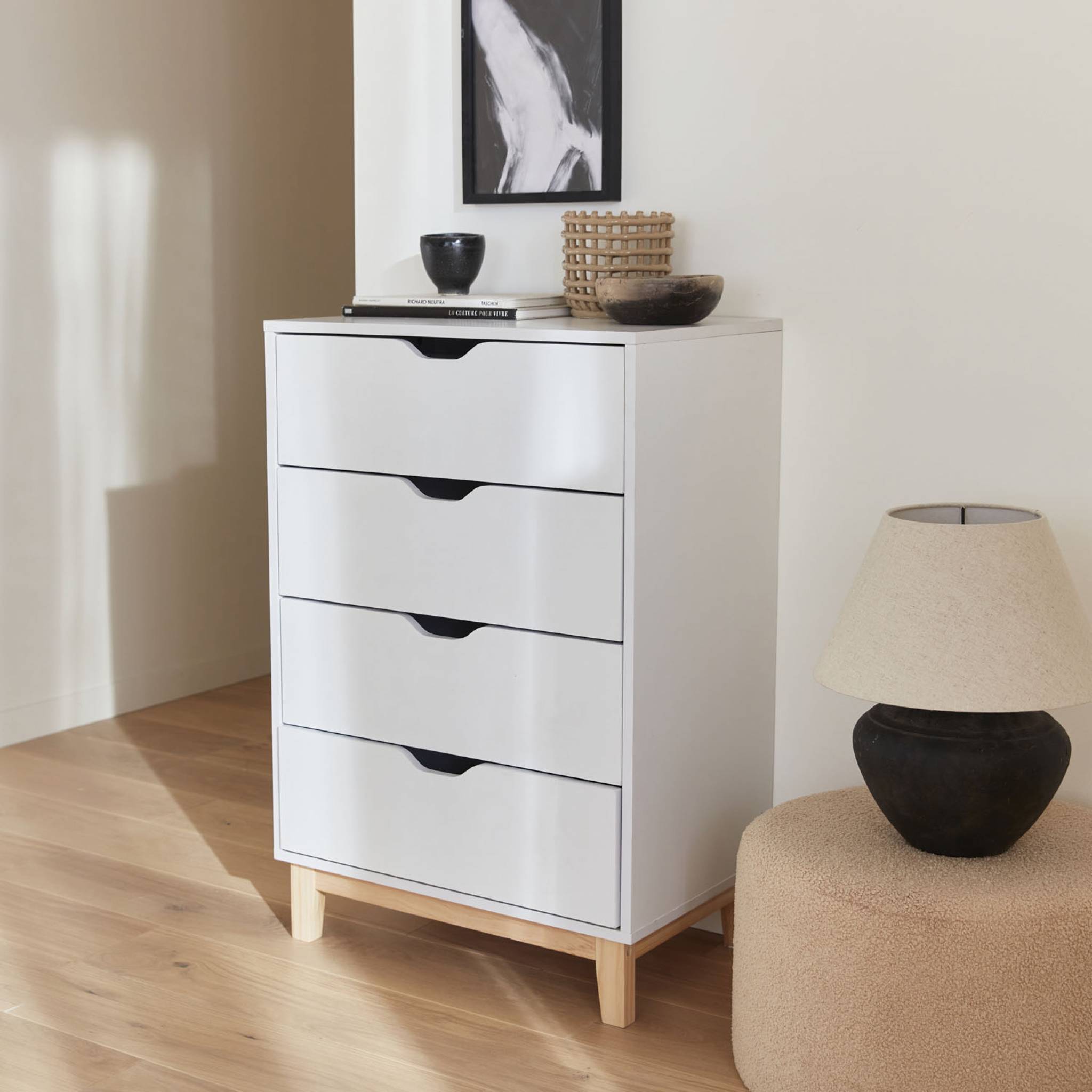 Commode blanche scandinave - floki - pieds en bois de sapin. 4 tiroirs. 60x40x90cm