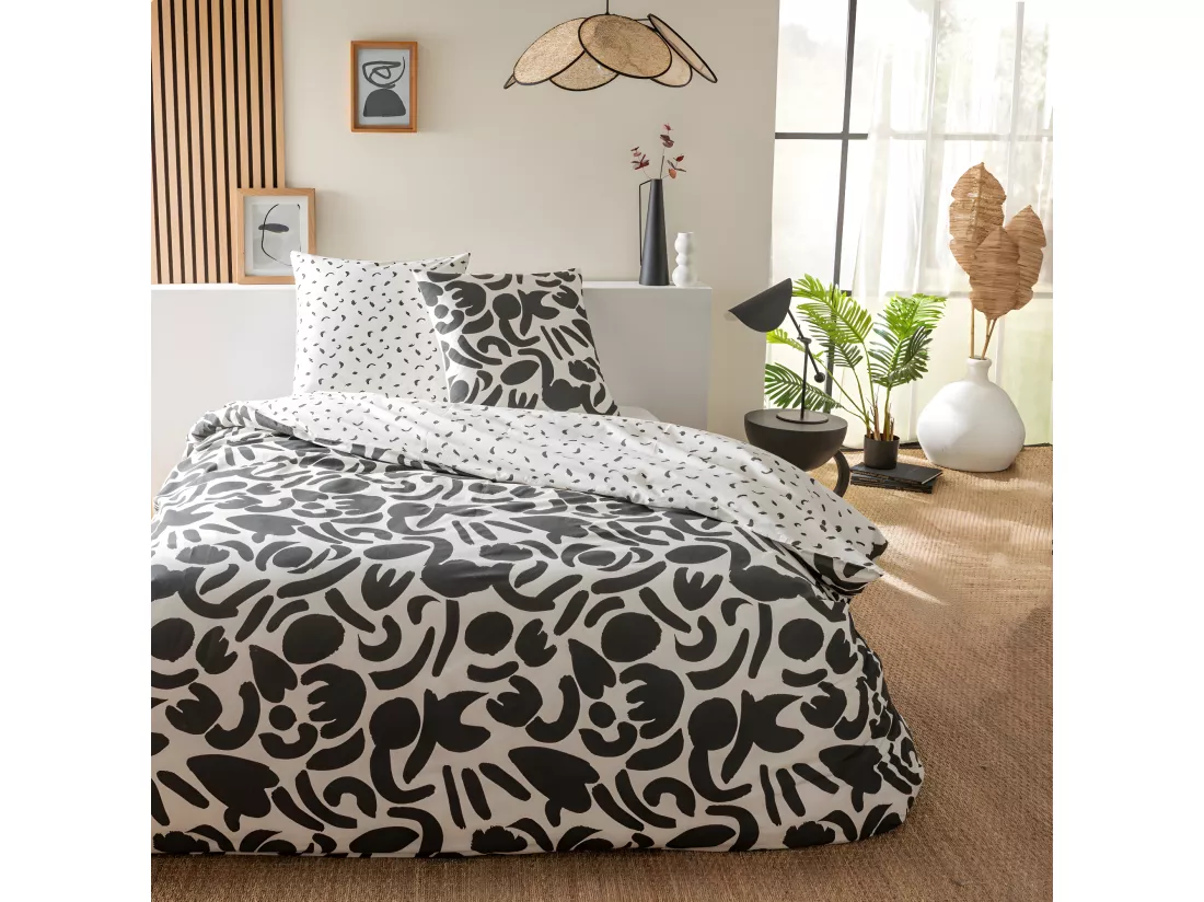 Parure de lit 2 personnes en coton 57 fils imprimé noir 240x220cm