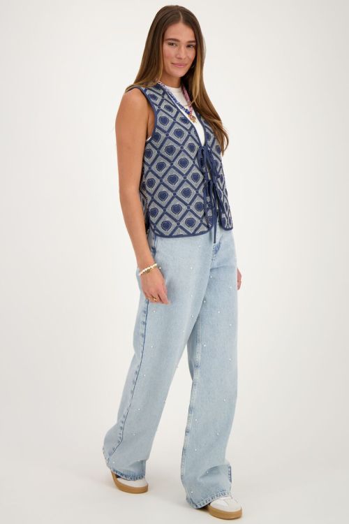 Blauw chambray gilet met hartjes embroidery