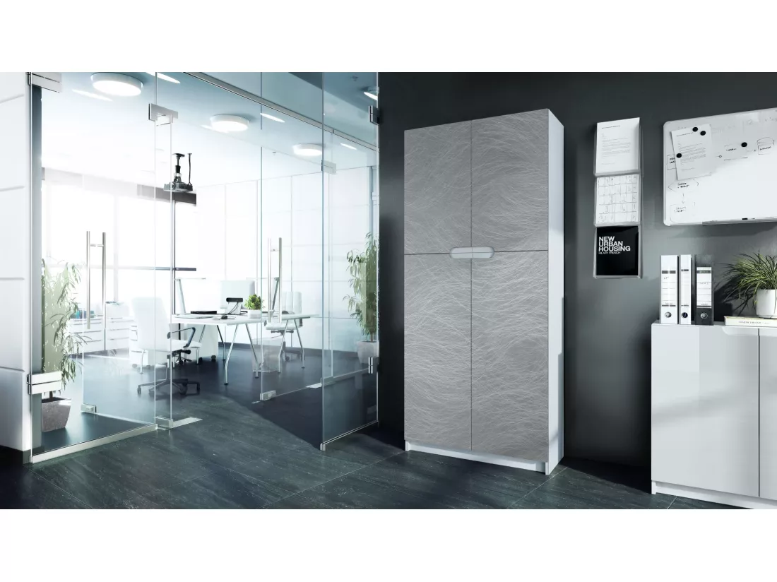 Armoire De Bureau Blanc Mat Et Aspect Métal Rayé(lxhxp) : 82 x 185 x 37
