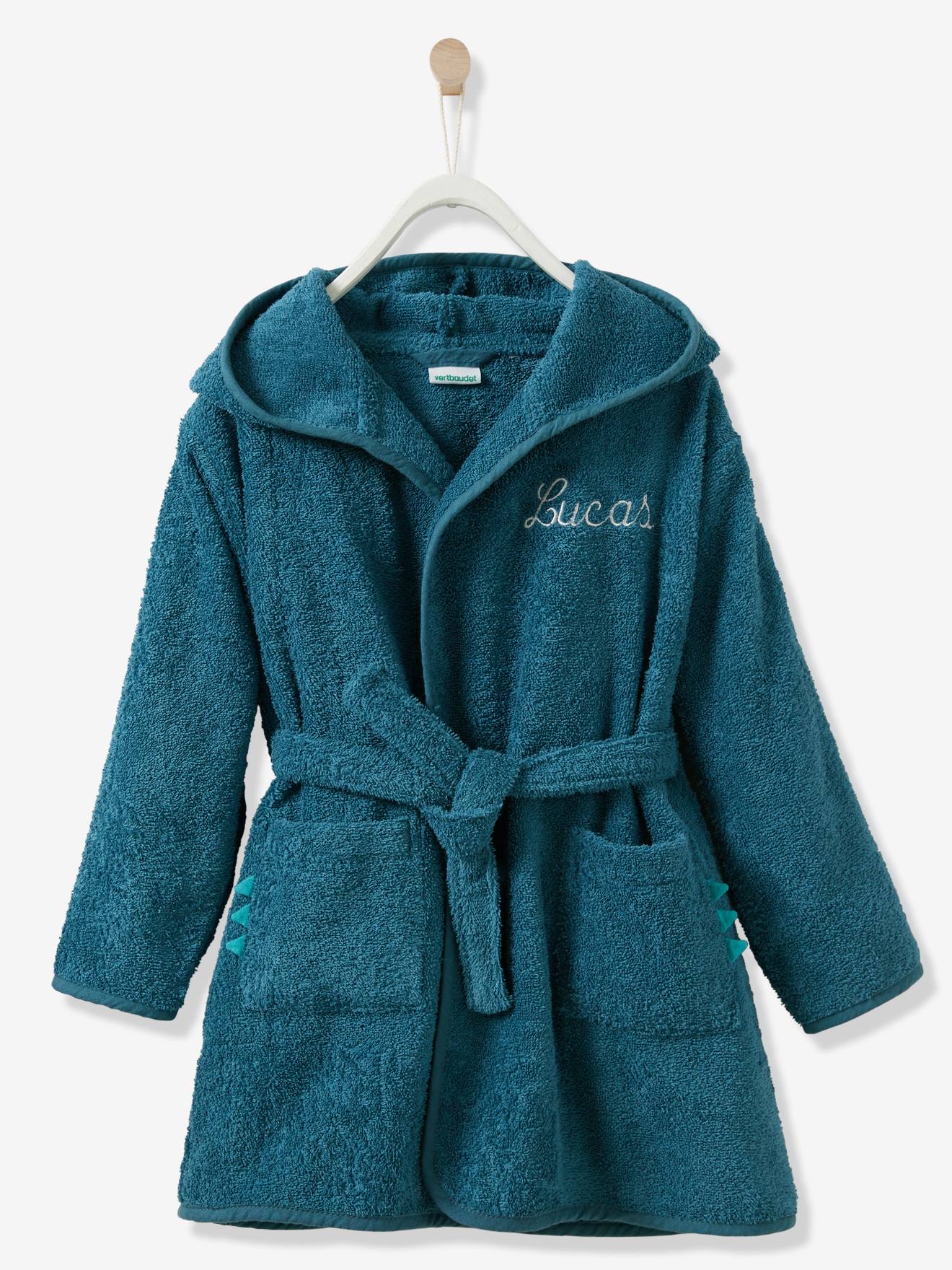 Robe de banho infantil com estampa de dinossauro personalizável, azul liso tamanho médio com detalhes.