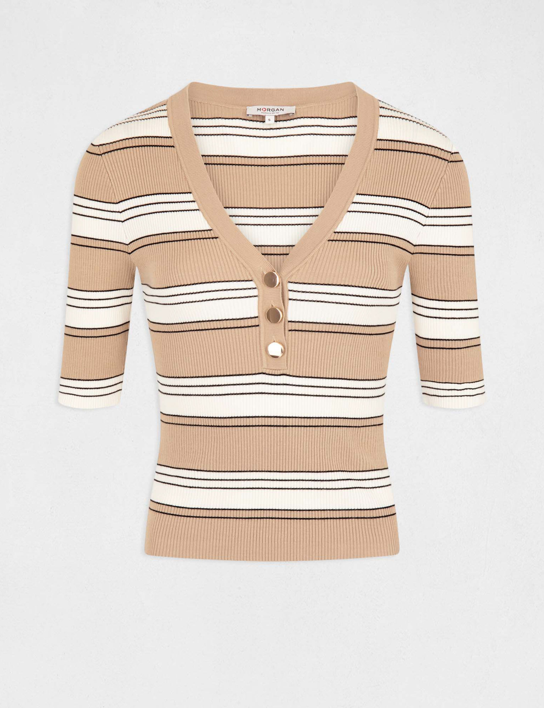 Pull manches courtes à rayures ivoire femme - ivoire
