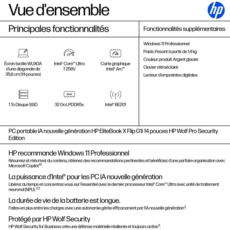 HP EliteBook X Flip G1i Next Gen AI Wolf Pro Security Edition Copilot+ PC Intel Core Ultra 7 258V Hybride (2-en-1) 35,6 cm (14