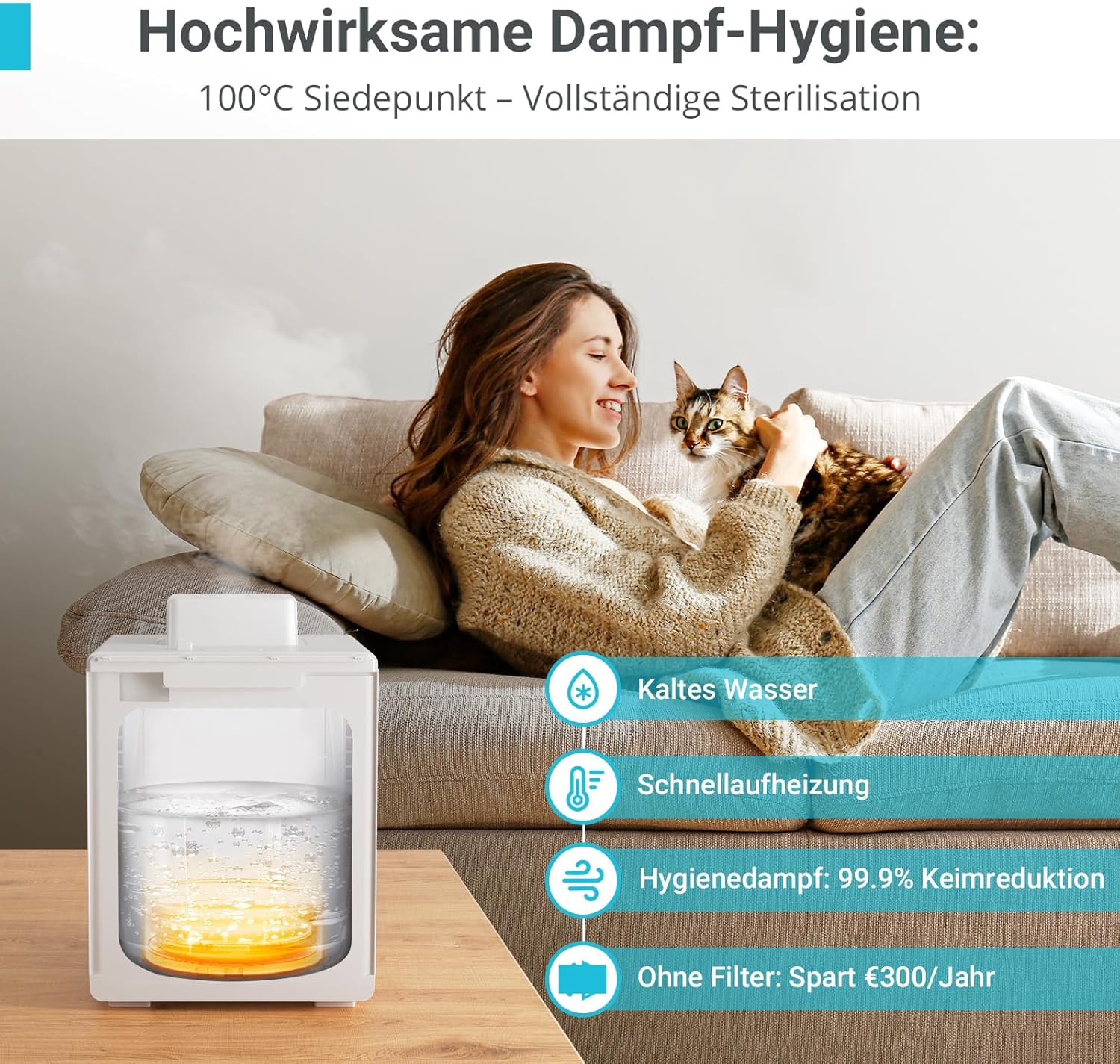Luftbefeuchter Schlafzimmer Top-Fill, 3L Edelstahl Warmnebel Luftbefeuchter, Reduziert 99,97% der Bakterien, Für Schlafzimmer und Wohnzimmer, Spülmaschinenfest Humidifier,mit Schlafmodus