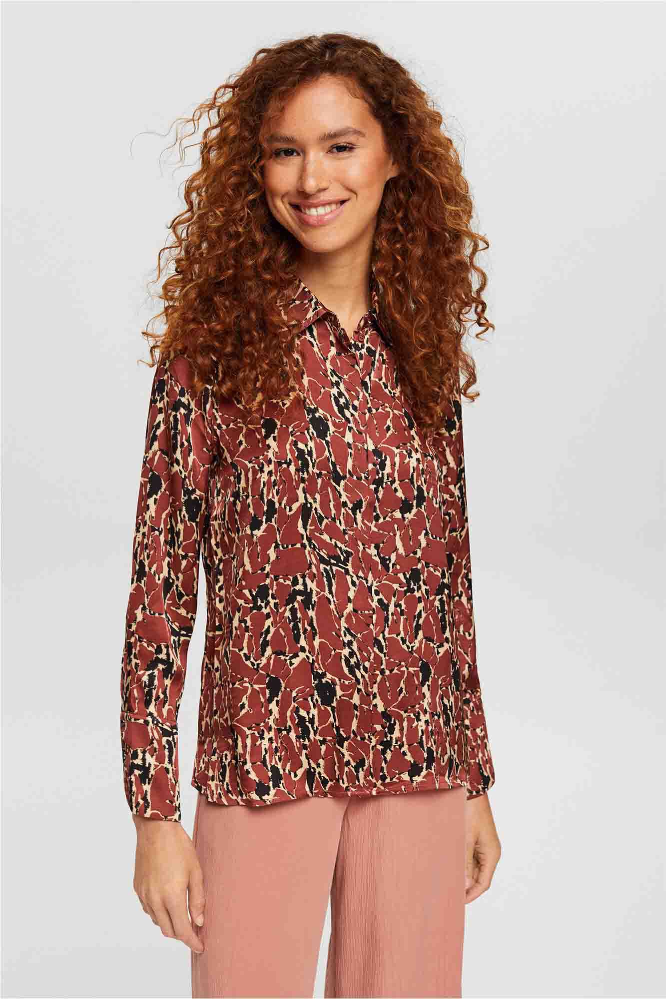 Camisa de cetim viscose estampada - Estampa marrom