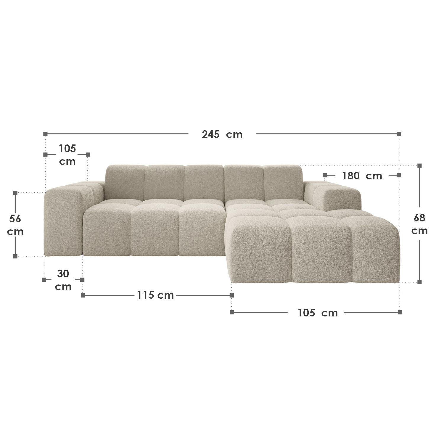 Juskys Sofa Merano Rechts - Ecksofa 3 Sitzer, Couch in L Form mit Ottomane - Boucle-Gewebe in Creme