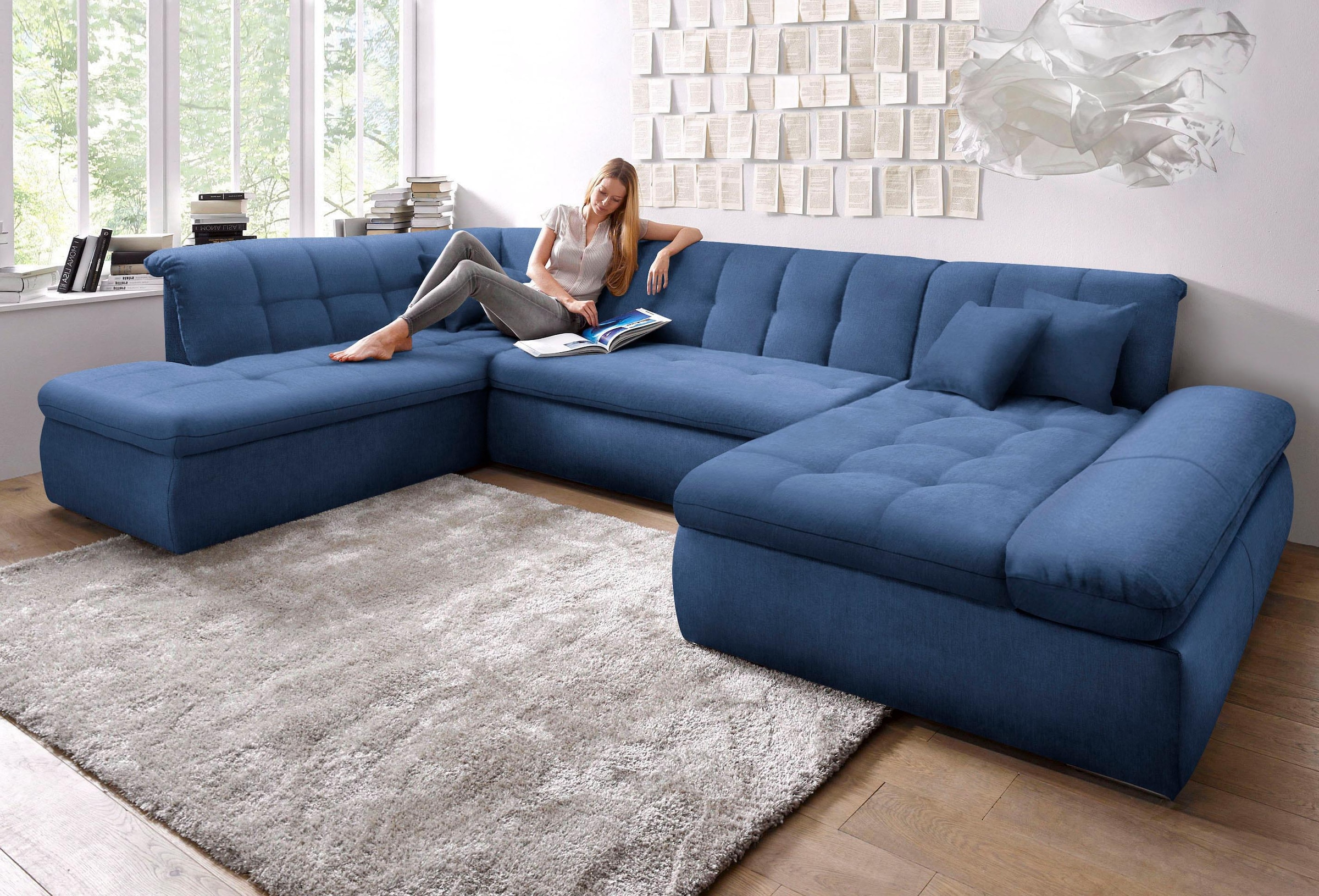 DOMO collection Wohnlandschaft »NMoric im XXL-Format, B/T/H: 353/216/80 cm, incl. Zierkissen U-Form« wahlweise mit Bettfunktion und Armlehnenverstellung