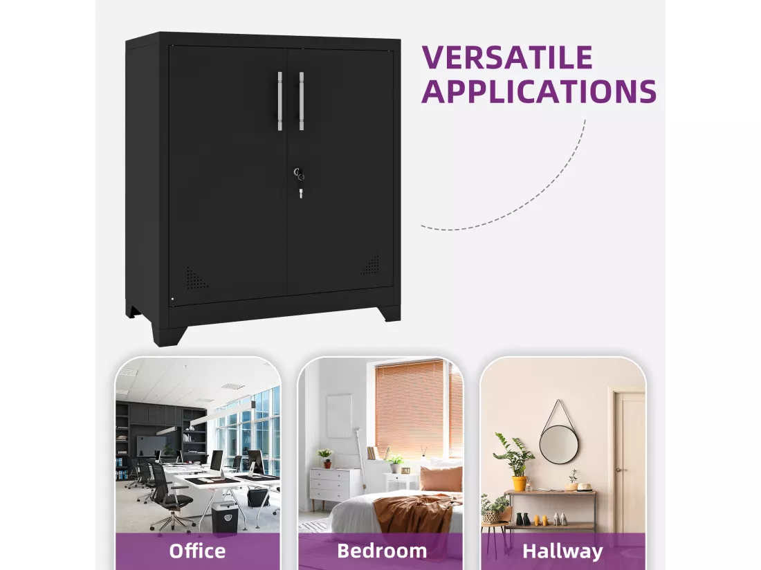 Meuble de Rangement Bureau - Armoire de Bureau Meuble Imprimante avec 2 Etagères Réglables - Noir - 80 x 40 x 90cm