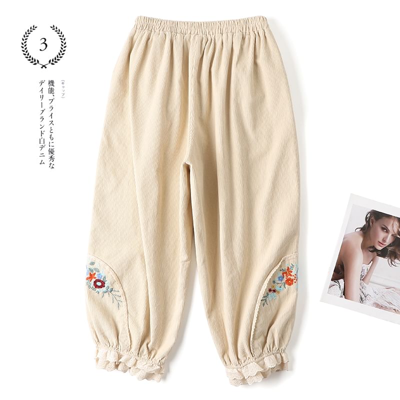 CosmoCorner - Corduroy cropped harembroek met elastische taille en bloemenborduursel