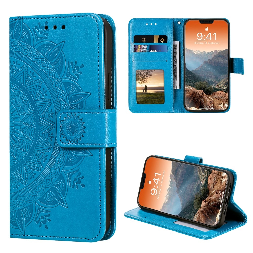 iPhone 12 / iPhone 12 Pro Leder Tasche Wallet - Mandala Flowers Imprint - Blau