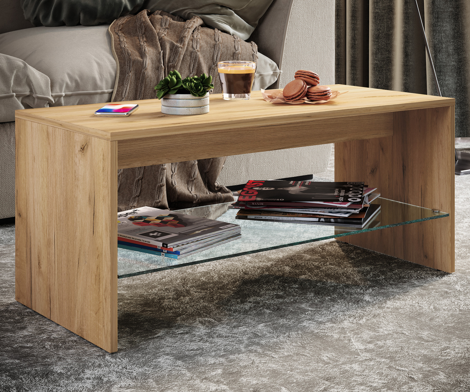 Couchtisch WISAL - Honig Eiche - Glasablage - 90 cm