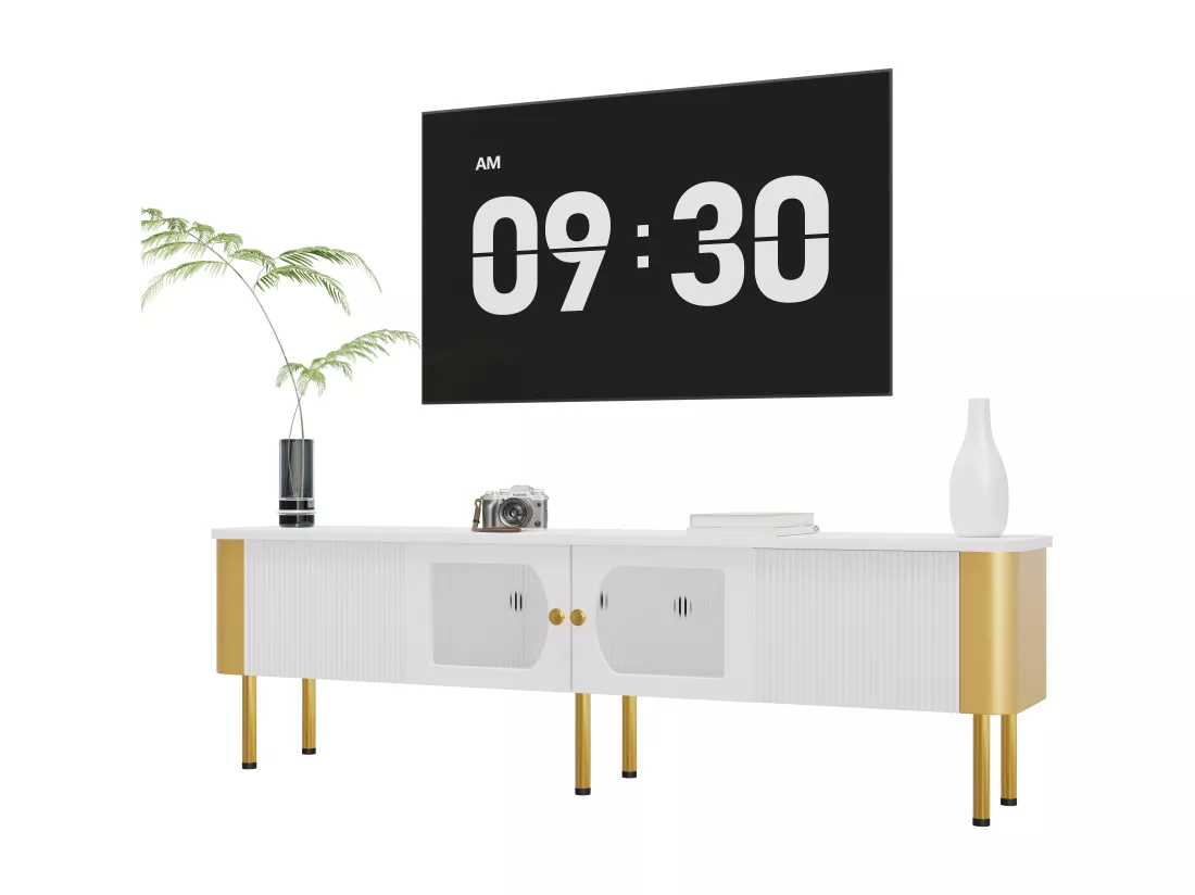 Meuble TV avec 2 portes et 2 tiroirs - 170 x 34 x 50 cm - Bois MDF - poignées et pieds dorés - Blanc