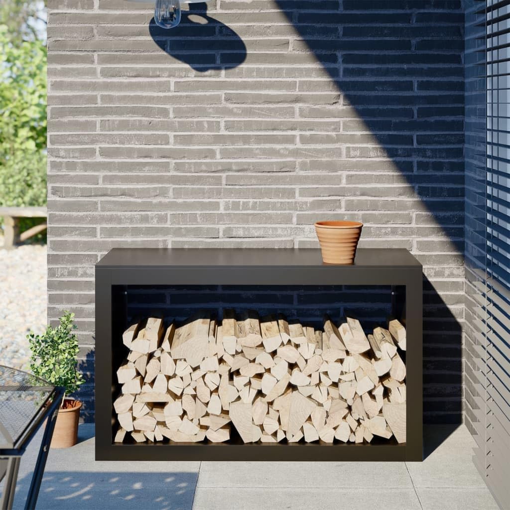 vidaXL Brennholzregal, Kaminholzregal mit Stauraum, Holzregal Holzlager für Brennholz, Außen Feuerholzregal Kaminholzständer, Schwarz Stahl