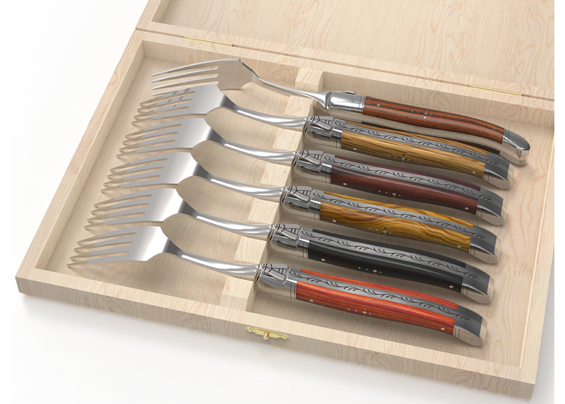 Service de 6 fourchettes Laguiole avec un manche en 6 bois différents et mitres inox
