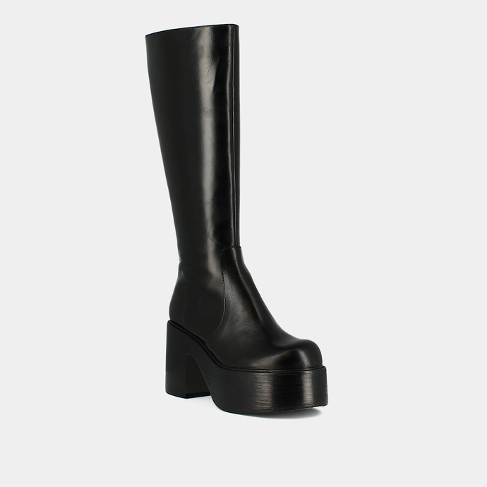 Bottes à plateformes et bouts ronds  en cuir noir