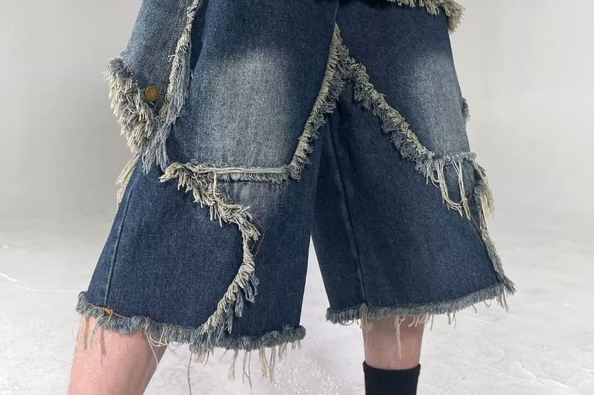 Lingaris - Hoge taille denim shorts met wijde pijpen en versleten look