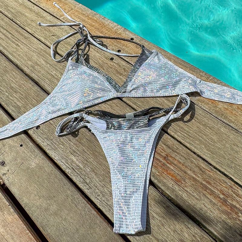 Sancus - Set: Halter Metallic Mock Two Piece Bikini Top + Bottom
