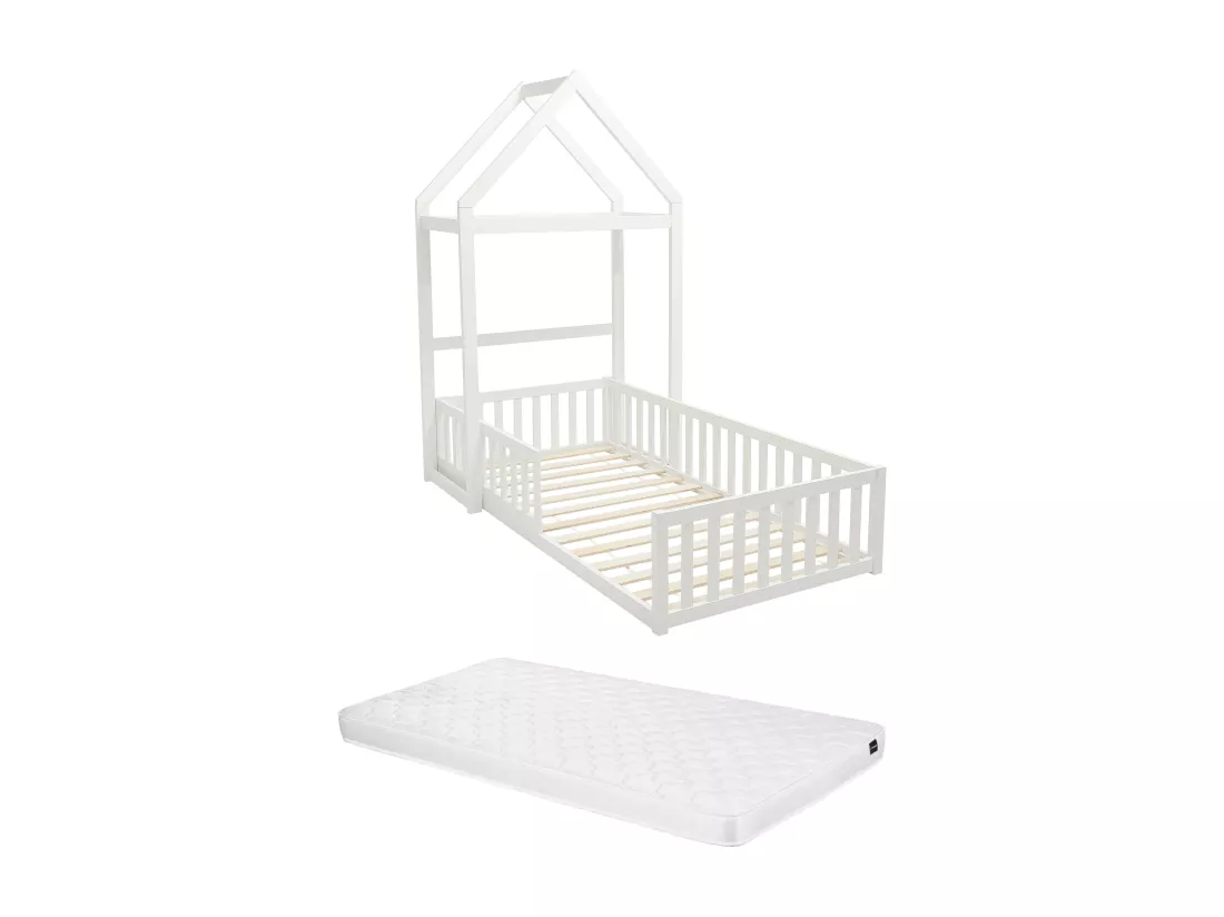 Lit cabane 90 x 190 cm - Pin et MDF - Blanc + Matelas - VARLAINE