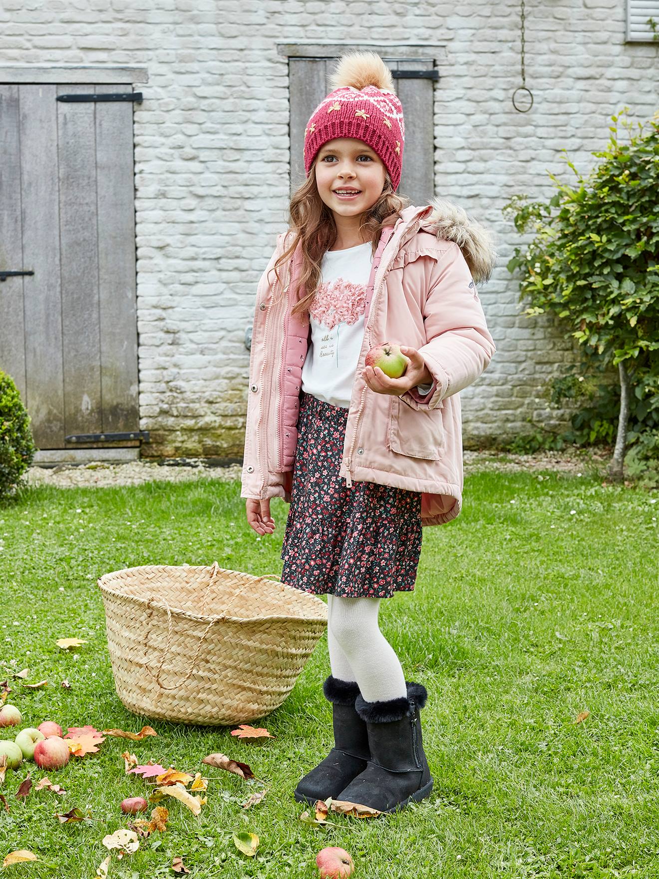 Parka com capuz 3 em 1, jaqueta acolchoada e enchimento de poliéster reciclado, para meninas, rosa escuro liso.
